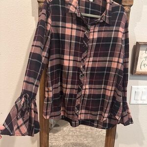Maroon/ Pink Plaid Flared Sleeve Flannel Shirt XL
